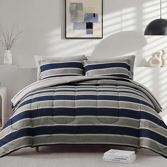 Monbix Queen Comforter Set-7 Pieces Striped Bed in a Bag Queen Bedding Sets | All Season Grey Reversible Soft Comforter Bed Set with Sheets, Pillowcases & Shams