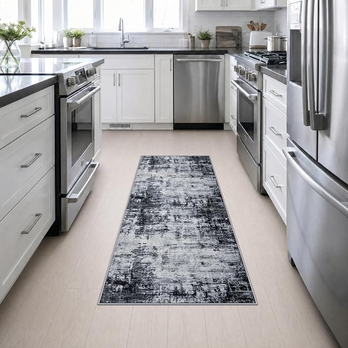 2x6 Washable Runner Rug：Modern Abstract Soft Carpet Dark Black | For Hallway, Bedroom, Kitchen, Laundry, Bathroom,Door Mat,Modern Abstract,Machine washable,Non-Slip,Stain Resistant,Indoor