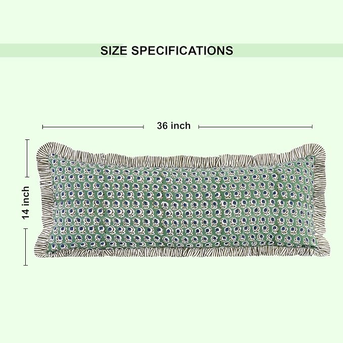 Ridhi Block Print Basil Green Ruffle Lumbar Pillow Shams, 36" x 14" | 100% cotton, Floral Pillowcase, Cushion Cover, Hidden Zipper, Cottagecore Bedding, farmhouse boho style, fits couch, sofa,Bed