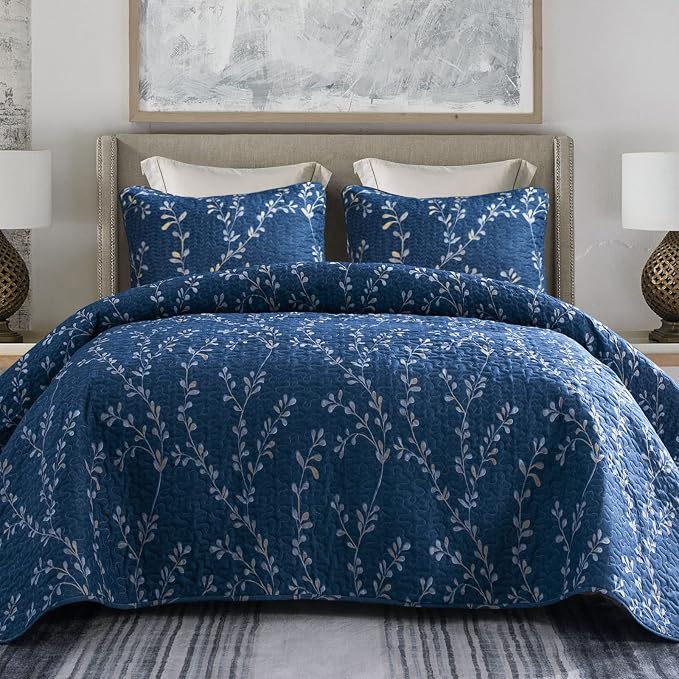 Exclusivo Mezcla Reversible Boho Quilts Queen Size Navy | Lightweight Soft Bedspreads, All Season Flowers Coverlet Bedding Set, Printed Floral Pattern, 1 Quilt and 2 Pillow Shams