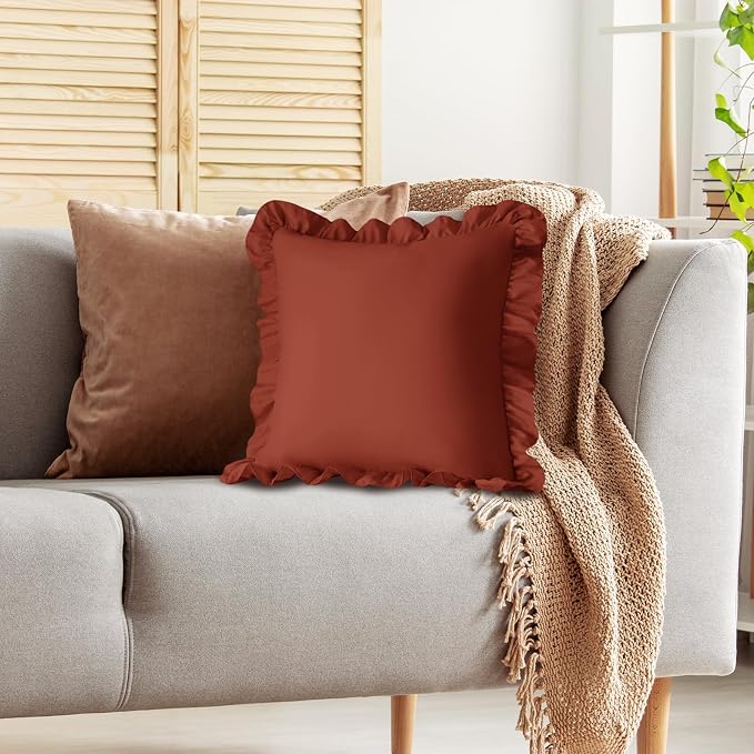 KKJIAF 2 Pack Ruffle Pillow Cases 22x22 Inches, Dusty Orange | Square Ruffled Pillow Covers, Microfiber Wrinkle Resistant Pillow Shams with Envelope Closure for Sofa Bed Living Room
