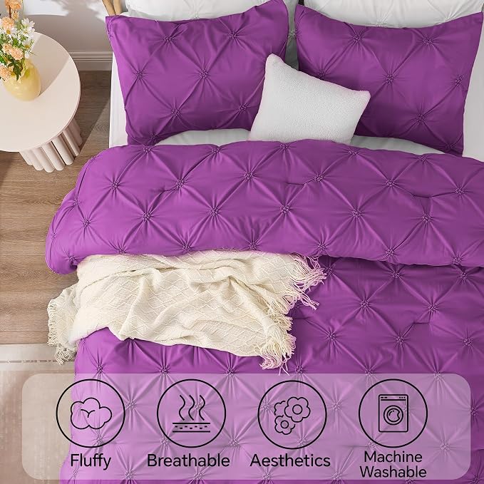 BEDELITE Twin Comforter Set Purple,Lightweight & Soft Comforter | Pintuck Boho Bedding, Warm & Cute Bed Set for All Season,With 1 Pillowcase