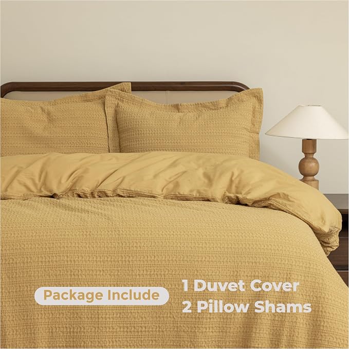 Dreamology King Size Duvet Cover, Waffle Duvet Cover, 100% Cotton Waffle | Bedding Set with Zipper Closure, Soft Textured & Breathable Duvet Cover Set,Bedding Duvet Cover King,3 Pieces (Mustard)