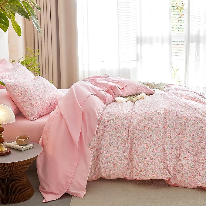 Wake In Cloud - Floral Duvet Cover Set, Cute Vintage Flower Cottagecore Aesthetic for Women Teen Girls, Soft Lightweight Bedding, 3-Piece, Pink, Full Size