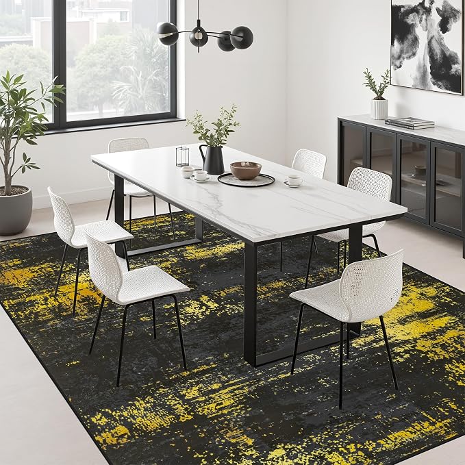 8x10 Area Rug Living Room: Modern Washable Soft Carpet Black Gold | For Bedroom Dining Room Farmhouse Nursery Hallway Office,Modern Abstract,Machine washable,Non-Slip,Stain Resistant,Indoor