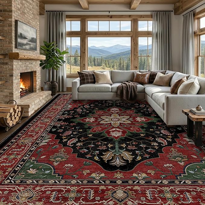 RELEANY Washable Area Rug, Large 9'x12', Red/Black | Non-Slip, Water Repellent, Pet Friendly, Easy to Clean, Vintage Floral Boho Decor for Living Room Bedroom Dining Room