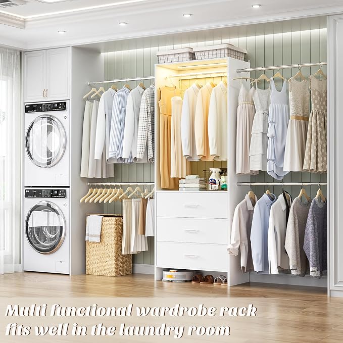 Aheaplus Closet System with Motion-Sensing Light, 3 Wooden Drawers and 4 Hanging Rods, Customizable Walk-in Closet Organizer with 3CCT LED, Wall mounted Garment Rack for Bedroom, White