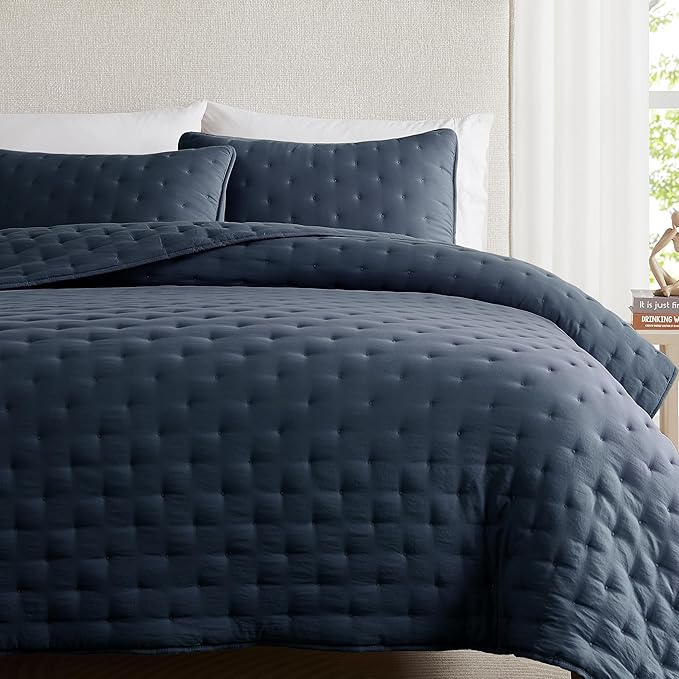 WDCOZY Navy Blue Cloud King Size Quilt Set, Tan Lightweight Farmhouse Bedspread, Rustic Country Coverlet, Taupe Camel Soft Bedding, Thin Comforter for All Season - 3 Pieces, 104x90 inches