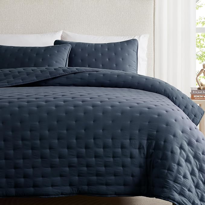 WDCOZY Navy Blue Cloud Twin Size Quilt Set, Tan Lightweight Farmhouse Bedspread, Rustic Country Coverlet, Taupe Camel Soft Bedding, Thin Comforter for All Season - 2 Pieces, 68x90 inches