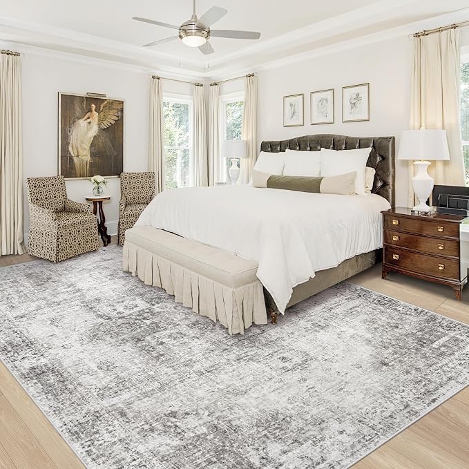 Area Rug 10x14 Washable Rug, Vintage Boho Medallion Rugs Non-Slip Soft Low Pile Large Distressed Rug Indoor Retro Carpet for Living Room Bedroom Dining Room Home Office (Grey, 10'x14')