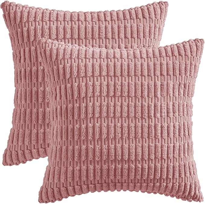 MIULEE Corduroy Decorative Throw Pillow Covers 18x18 Blush Pink Pack of 2 | Soft Boho Striped Pillow Covers Modern Farmhouse Home Decor For Sofa Living Room Couch Bed