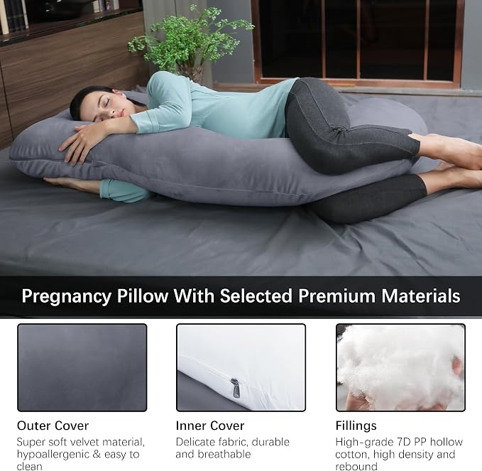 MOON PARK Pregnancy Pillows for Sleeping - U Shaped Full Body Maternity Pillow with Removable Cover - Support for Back, Legs, Belly, Hips - 57 Inch Pregnancy Pillow for Women - Dark Grey
