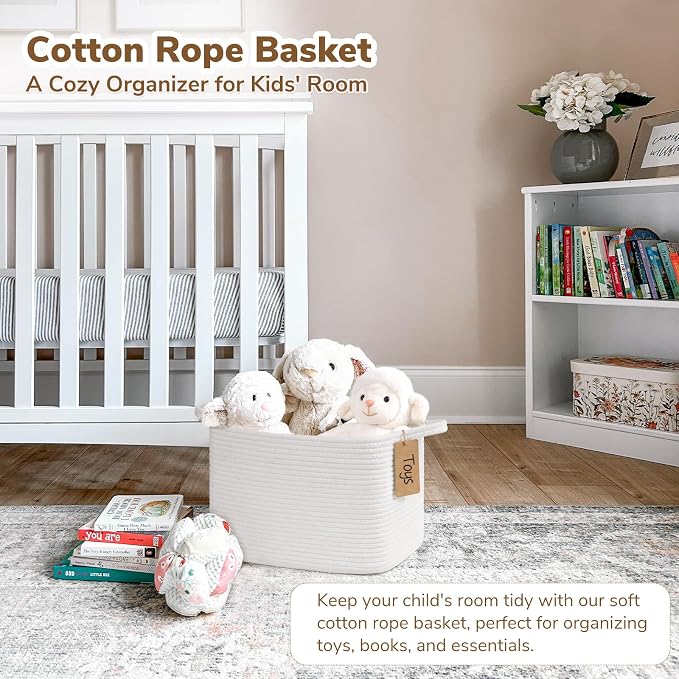 Goodpick Woven Rope Storage Basket for Shelves, Rectangle, White | 13" × 10" × 9" Stylish Gift Basket for Home Decor, Cotton Rope Baskets for Toys, Books & Towels Storage, Reinforced Handles