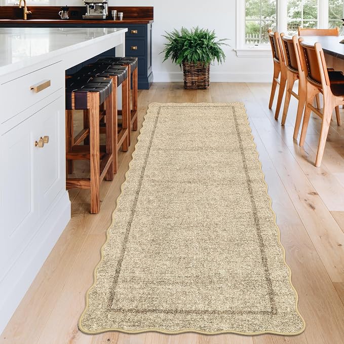GarveeHome Scalloped Washable 2x6 ft Modern Kitchen Runner Rug Non Slip | Farmhouse Entryway Rug Soft Bathroom Rugs Stain Resistant Carpet for Laundry Bedroom 2 ft x6 ft Jute