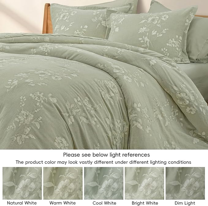 PHF Stone-Washed 100% Cotton Duvet Cover King Size, 104"x90", Dusty Sage | Elegant Floral Jacquard Woven, Ultra Soft Breathable All Season Bedding Set for Adults, 3pcs with 2 Pillow Shams, No Filling