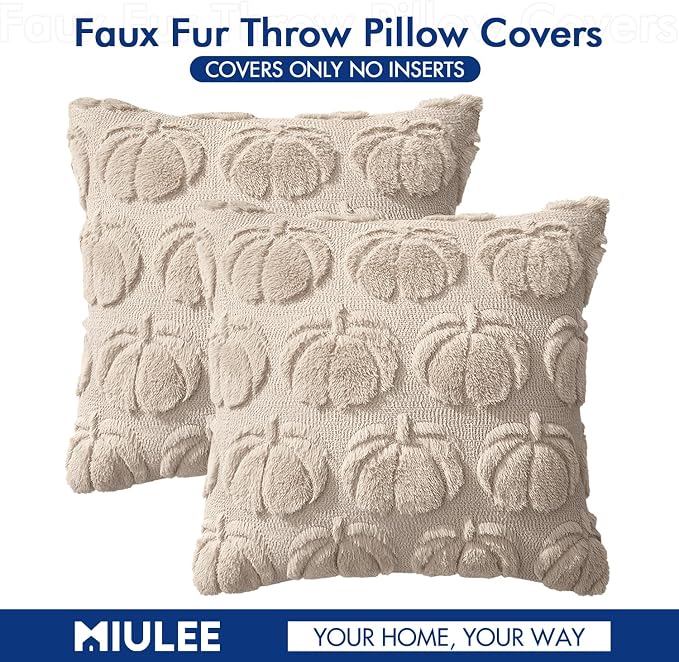 MIULEE Fall Pillow Covers Pumpkin Fall Decor Lumbar 12x20 Beige | Set of 2 Fall Decorations for Home, Plush Faux Fur Farmhouse Accent Pillowcases, Porch Sofa Couch Cushion Bed Livingroom