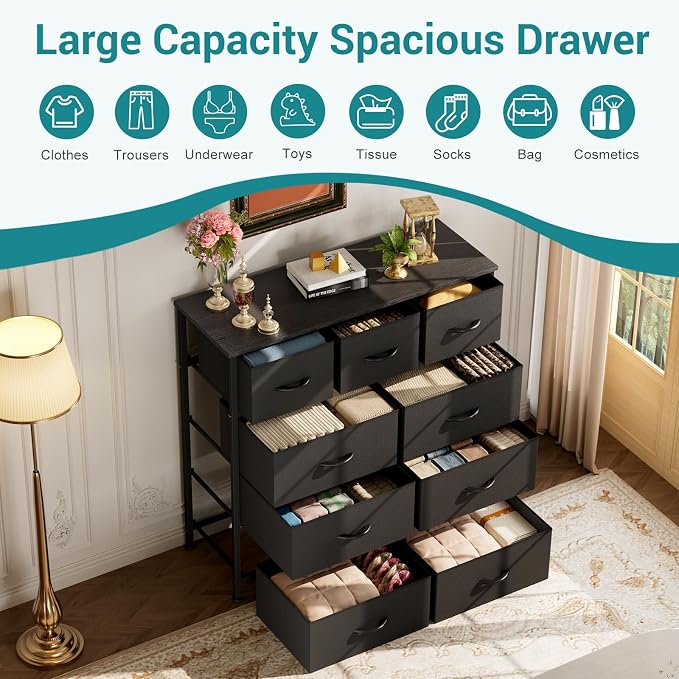 OLIXIS 9 Drawer Black Dresser for Bedroom, Closet Organizer Storage Tower | Easy-Pull Chest of Fabric Drawers, Lightweight Clothes Organizer, Anti-Tip Design, Space-Saving Storage for Dorm, Apartments