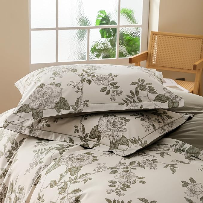 OAITE Queen Duvet Cover Set 3pcs 100% Cotton 600 Thread Count with Floral | Luxury Soft, Breathable,Long Staple Cotton,Hidden Zipper,8 Corner Ties,Easy Care for All Season