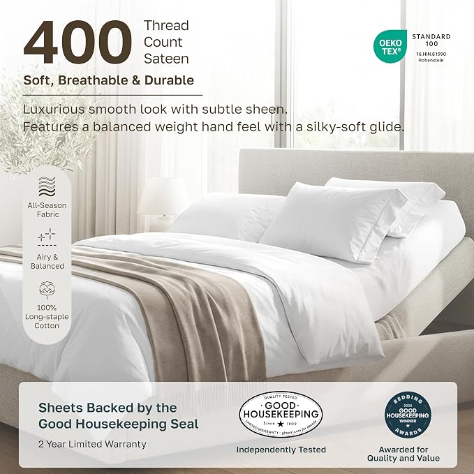 California Design Den 100% Cotton Sateen Split King Sheets Set, 5 Pcs | 400 Thread Count with Good Housekeeping Seal, Split King Sheets Sets for Adjustable Bed with 2 Separate Twin-XL Mattresses