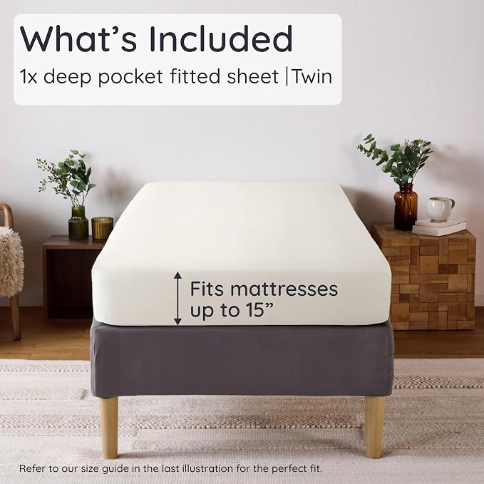 Bambaw 100% Viscose Derived from Bamboo Sheets Twin Size, Cooling Fitted Sheet Only, Twin Size Fitted Sheets Only, 15’’ Deep Pocket Cream Fitted Sheet with Straps, Twin Bed Fitted Sheet Only (Ivory)
