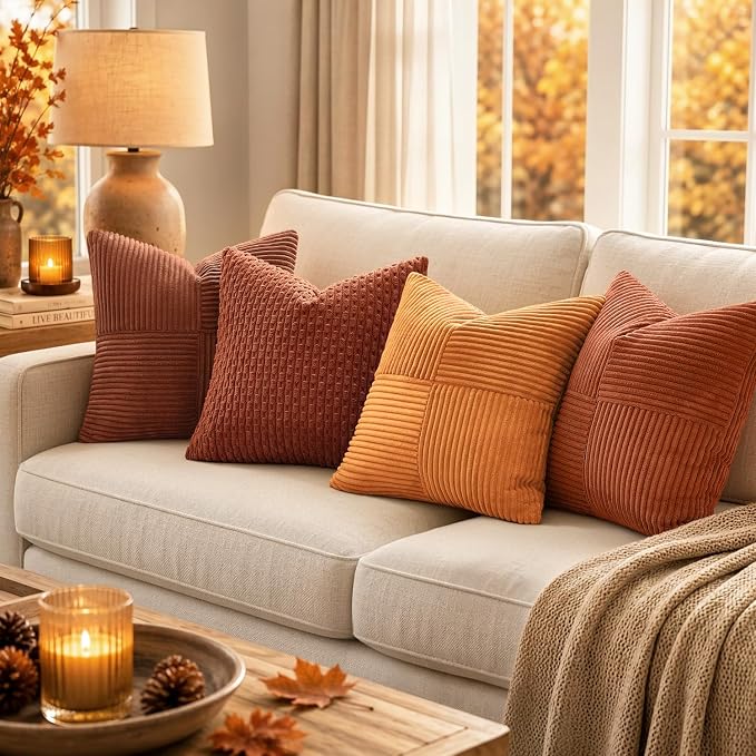 MIULEE Fall Burnt Orange Decorative Throw Pillow Covers for Couch 16x16 in | 2 Pack, Boho Farmhouse Pillow Covers, Soft Cross Corduroy Patchwork Textured Cushion Cases For Bed Sofa
