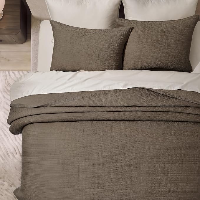 EVERGRACEHOME Cotton Sateen Channel Quilt Set, King Size, Espresso Brown | 100% Cotton, Pre-Washed Soft Coverlet Bedspread, 3-Piece Refined Channel Stitch Bedding Set for All Season, 2 Pillow Shams