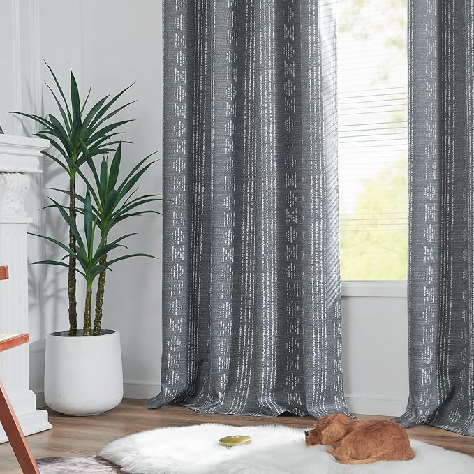 jinchan Boho Blackout Curtains 90 Inches Long for Bedroom Living Room | White on Grey Geometric Printed Grommet Curtains Room Darkening Thermal Insulated Window Treatments 2 Panels