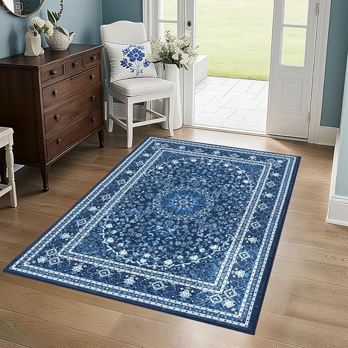 3 x 5 Area Rugs for Living Room, Washable Boho Carpets Blue White | Faux Wool Rug for Entryway Bedroom, Floral Medallion Vintage Rugs with Non-Slip Rubber, 0.25inch Low Pile Kid & Pet Friendly