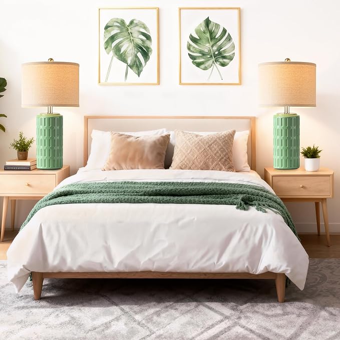 23" Farmhouse Modern Ceramic Table Lamp Set of 2 - Sage Green Bedside Lamps for Bedroom & Living Room, Nightstand, Desk, End Table