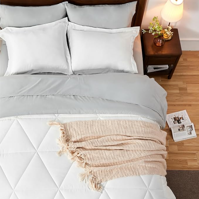 BEDELITE Cal King Comforter Set 7 Pieces, Reversible White Bed in A Bag | Soft All Season Down-Alternative Comforter, Sheets, Pillowcases & Shams, OEKO-TEX Certified Bedding for Bedrrom, Guest Room