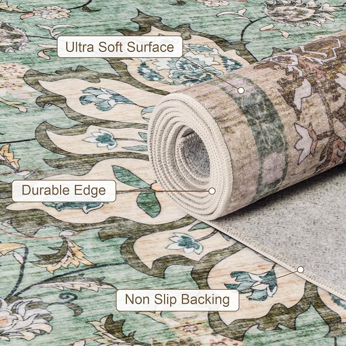 2x3 Area Rugs Living Room: Washable Rug for Bedroom Brown Green | Boho No Slip Stain Resistant Rug Soft Indoor Decor Floor Floral 2x3 Area Rugs for Dining Room, Nursery, Hallway, Home Office