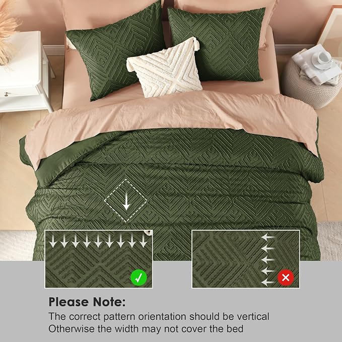 Litanika Super King Size Comforter Set, 3 Pcs Tufted Boho Bedding Set | Olive Green Farmhouse Shabby Chic Vintage Bohemian Textured Aesthetic Soft Fluffy Lightweight Breathable All Season Bed Set