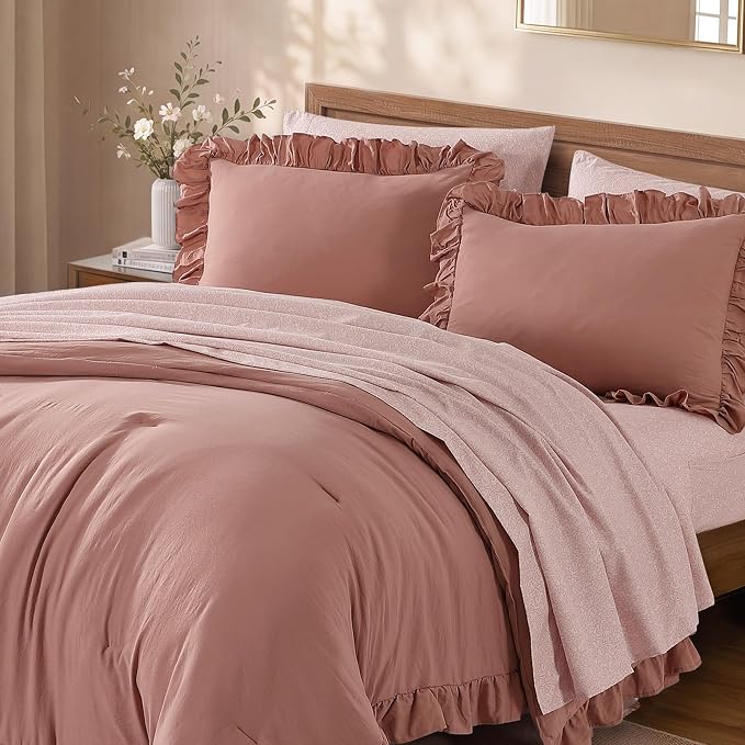 King Size Comforter Set-7 Pieces Ruffle Bedding Floral Sheet | Pink Lace Bed in a Bag, Soft Lightweight All Season Farmhouse King Size Bedding Sets with Floral Sheets, Pillowcases & Shams