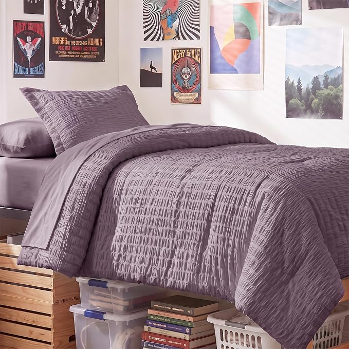 Twin XL Comforter Set 5 Pieces Dusty Purple Seersucker Bed in a Bag | OEKO-TEX Certified, College Dorm Twin Extra Long, 240 GSM Down Alternative Comforter, Flat & Fitted Sheets, Pillowcase & Sham