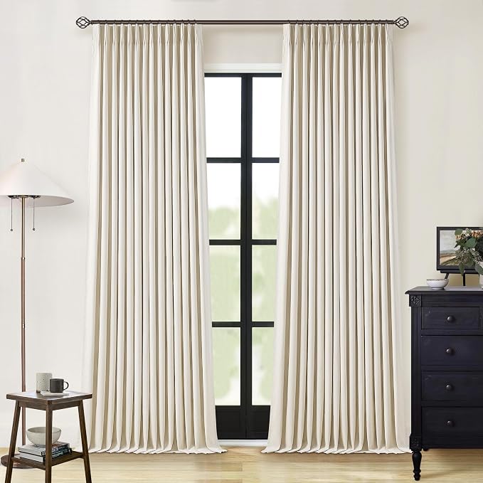 Cream Beige Linen Blackout Curtains Pinch Pleated 102 Inches Long | Memory Shape, Flax Linen 2 Layers for Full Blackout, Light Blocking Thermal Insulated, for Bedroom Living Room, 2 Panels Set
