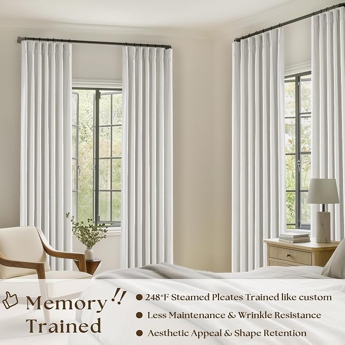 100% Blackout Pinch Pleated Linen 84 Inch Curtains 2 Panels Beige White | 2 Layer Design, Light Blocking Thermal Insulated, for Living Room Bedroom, Memory Shape, Off White Drapes with Pinch Pleat