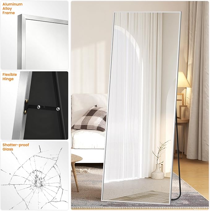 Full Length Floor Mirror 70"x24", Large Standing Body Mirror, Silver | Built-in Stand, HD Shatterproof Glass, Aluminum Alloy Frame, Wall Mounted or Standing, for Bedroom, Living Room and Bathroom