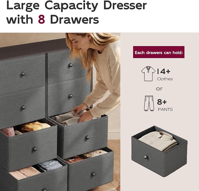 WLIVE Grey Boucle 8-Drawer Fabric Dresser Storage Tower Bedroom | Boucle fabric 8-drawer storage tower with open shelves and wood top, stylish for bedroom closet living room decor