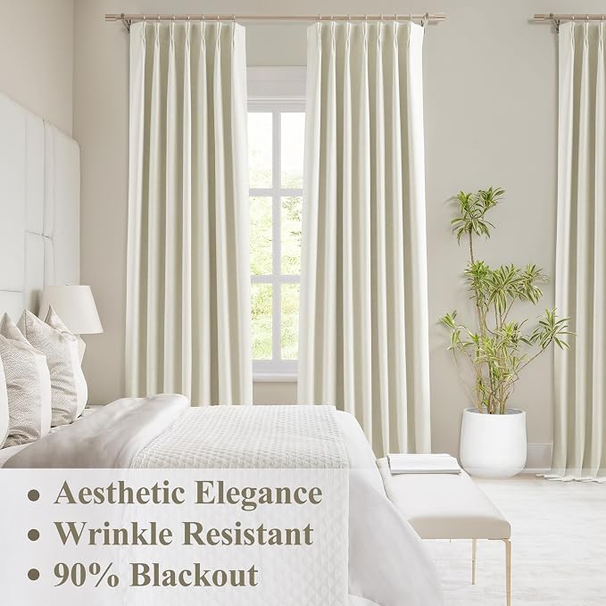 WEST LAKE 95 Inch Pinch Pleated 90% Blackout Curtain Panels for Bedroom | Beige Triple Weave Textured Heavy Chenille Room Darkening Drapes,Back Tabs Vintage Window Treatment,40"Wx95L,Pack of 2