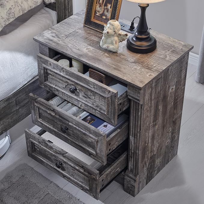 Aitjunz 26" Tall Nightstand w/Charging Station, 3 Drawers, Light Grey | Farmhouse 23.6" Wide Large End Table w/Roman Column, Wood Rustic Side Table w/Metal Handle for Bedroom, Living Room