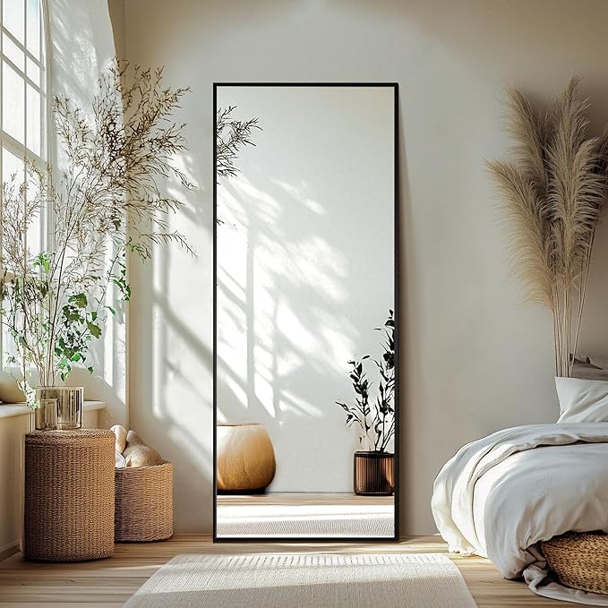 Full Length Mirror with Stand, 69x24 Black Floor Mirror | Aluminium alloy frame with HD float glass for distortion-free reflection. Free standing or wall mounted.