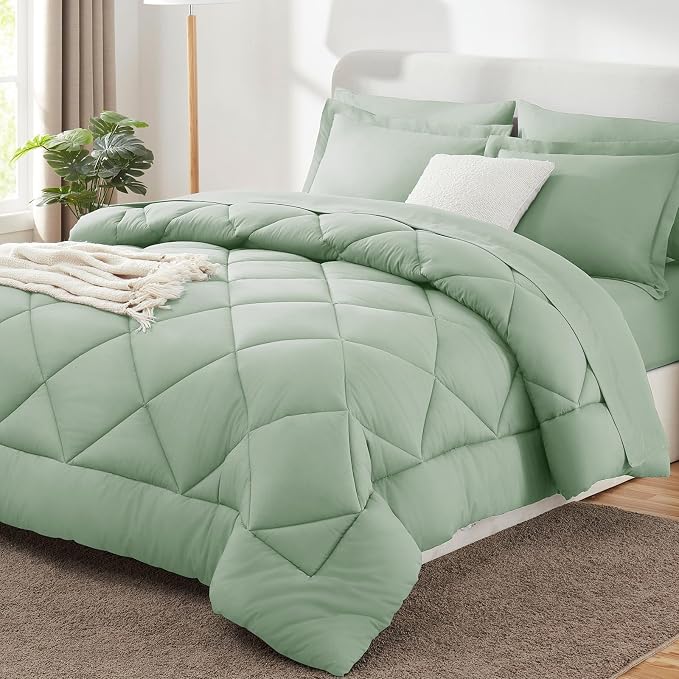 King Size Comforter Set Sage Green - 7 Pieces Complete Bedding Set | OEKO-TEX Certified, All Season, 240GSM Down-Alternative Comforter, Sheets, Pillowcases & Shams, 14" Deep Pocket, Easy Care