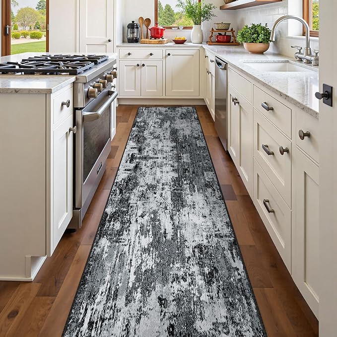 RELEANY Washable Runner 2'x8' Abstract Area Rug for Hallway Black White | Carpet for Kitchen, Entryway, Bathroom, Living Room, Bedroom, Printed Pattern, Non‑Slip, Soft, Stain‑Resistant, Easy to Clean