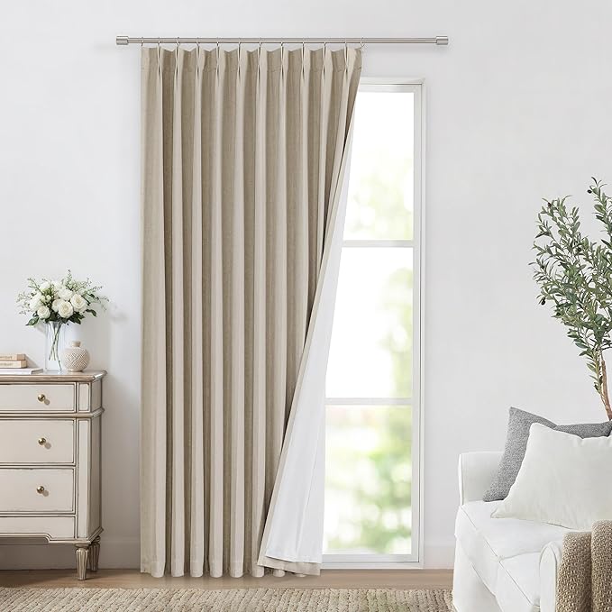 Vision Home Sand Pinch Pleated Full Blackout Curtains Linen Blended Room Darkening Window Curtains 72 inch for Living Room Bedroom Thermal Insulated Pinch Pleat Drapes with Hooks 1 Panel 60" Wx72 L
