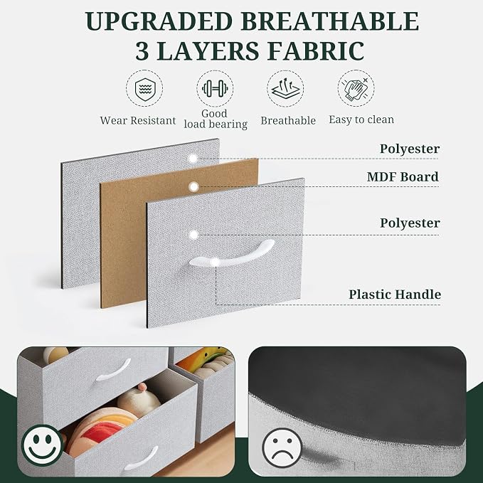 8-Drawer Dresser for Bedroom, Anti-Tip Tall Storage Organizer | Chest of Drawers with Wooden Top and Metal Frame Fabric Bins for Closet, Living Room, Hallway, Entryway, Light Gray