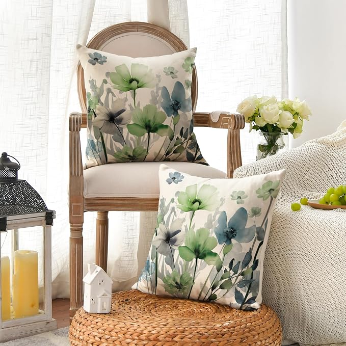 AVOIN colorlife Chinoiserie Poppy Flowers Pillow Covers 18x18 Inch Set of 2 | Blue Sage Green Seasonal Leaves Cushion Case Decoration for Sofa Couch