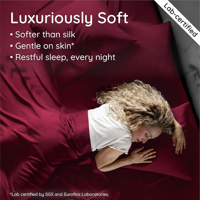 Bambaw 100% Viscose Derived from Bamboo King Size Sheet Set - 4pcs Super Soft & Cooling Sheets, Luxury Sheets King Size Deep Pocket, Fits Up to 16'' Mattresses with Elastic Corner Straps (Burgundy)