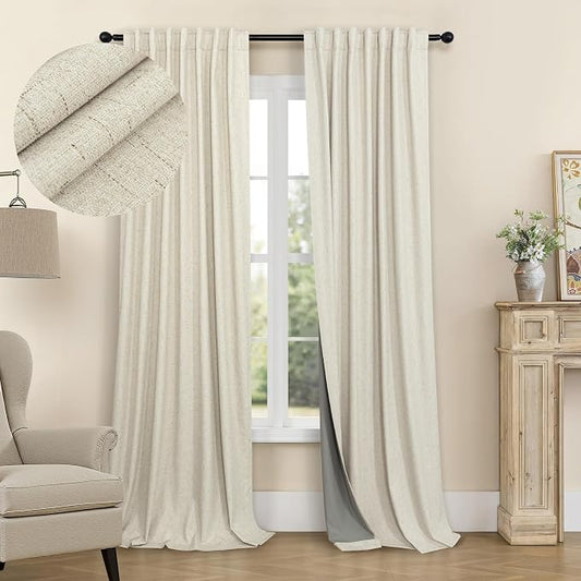 100 Inch Length Custom Summer Curtains for Living Room Windows Viral Back Tab Linen Blackout Curtain Solid Drapes for Patio Sliding Glass Doors Doorway French Country Decor 100 in Long 2 Panel Beige