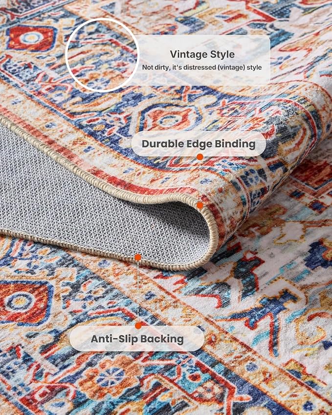 AMADA HOMEFURNISHING 8x10 Washable Area Rug, Low-Profile Large Area Rug with Non-Slip Backing & Durable Edge Binding, Vintage Large Rugs for Living Room, Bedroom, Dinning Room