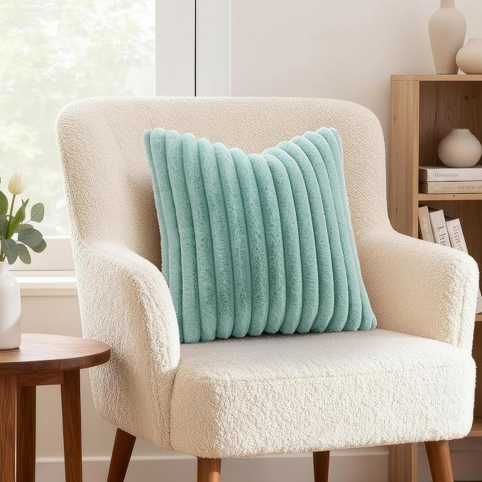 decorUhome Fall Faux Fur Throw Pillow Covers 22x22 Set of 2 Aqua | Decorative Soft Cozy Striped Plush Modern Farmhouse Boho Couch Pillow Cases Velvet Back for Sofa Bed Living Room Home Decor